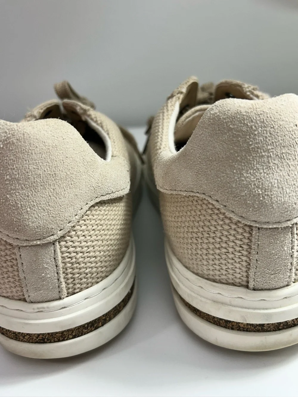 Birkenstock Low Bend Beige Canvas & Suede Lace Up Cork Midsole Sneakers Size 7 - Picture 8 of 14